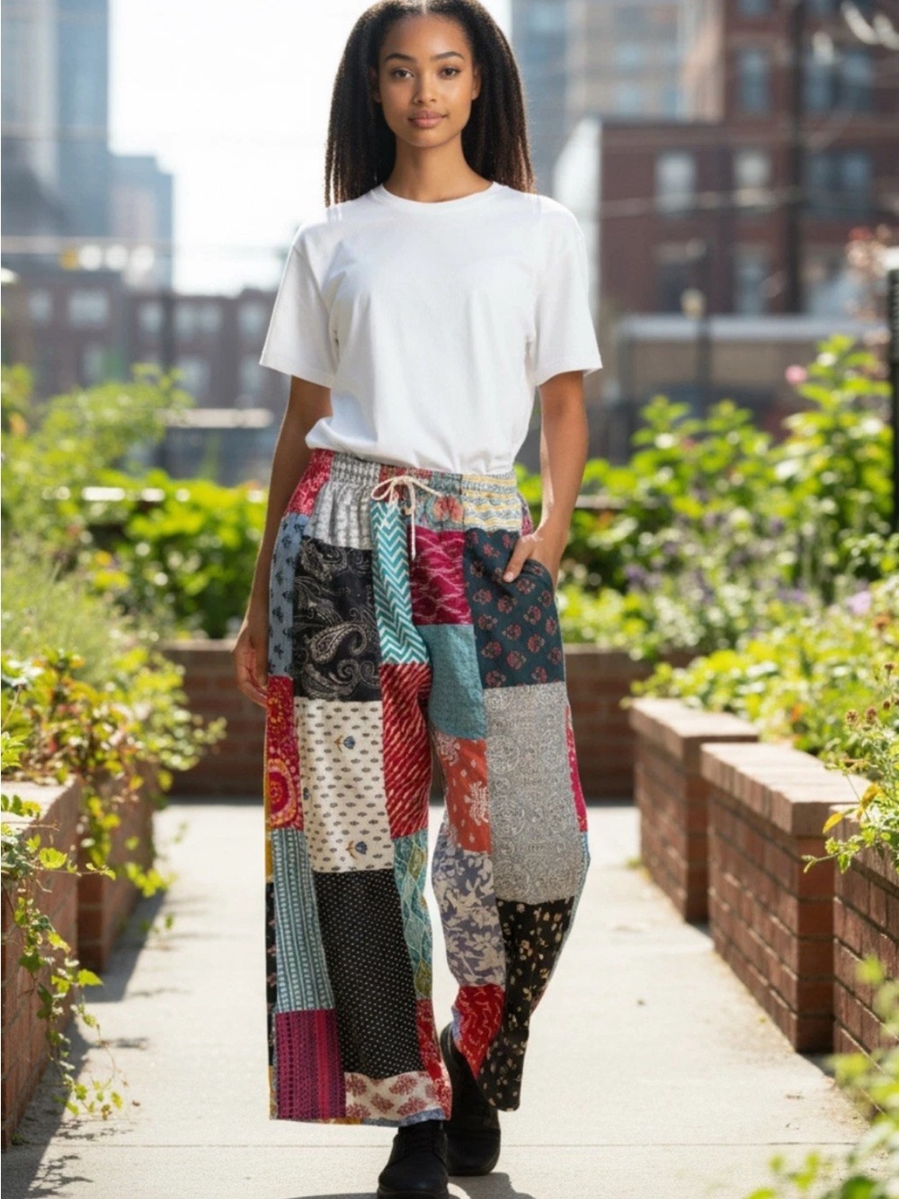 Kathmandu Imports Women’s Patchwork Pant Wide Leg Made In India Size M NEW